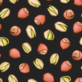 Nuts seamless pattern backgorund. Pistachio Hazelnut background. Organic food concept. Nuts pattern for fabric, packaging, coffee and bakery shops. Hand Drawn illustration vector