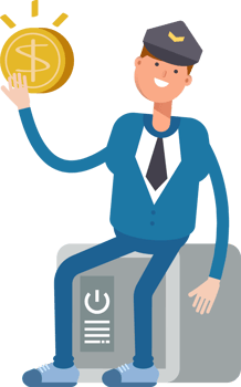Postman Character Sitting on Safe and Holding Dollar Coin png