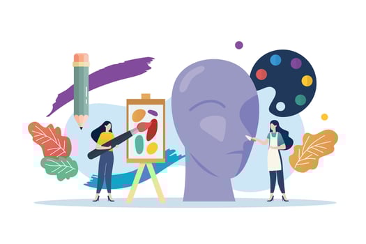 Art class scene with miniature people vector