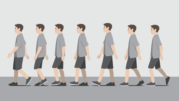 Animation of a man in open shirt walking in side view showing the step cycle sequence vector