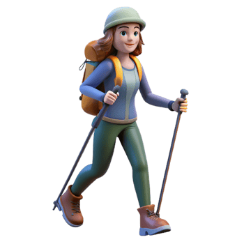 beautiful artistic Woman Hiking with Trekking Poles Transparent Background high quality png