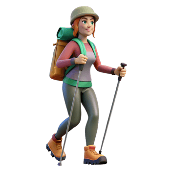 vibrant vintage Woman Hiking with Trekking Poles Transparent Background premium png