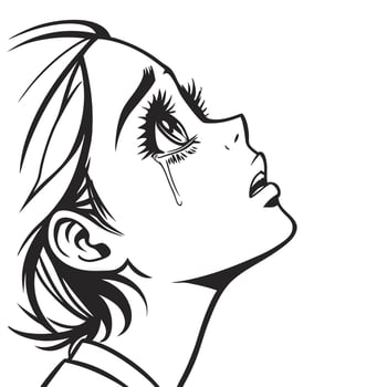 A black and white drawing of a girl crying vector