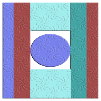 The image features embossed floral patterns on a geometric design. It has vertical red and teal stripes, light blue sections, and a central purple oval with a textured look. png
