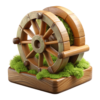 dramatic rustic Wooden Water Wheel with Moss Cutout on Transparent Background professional png