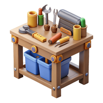 dramatic creative Work Bench with Tools Top View Isolated authentic png