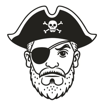 Pirate icon with eyepatch and beard, classic hat with skull black and white illustration vector
