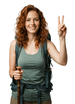 Young redhead woman with backpack smiles and shows peace sign while preparing for hiking adventure on a transparent background png