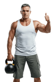 Man exercising with kettlebell and showing thumbs up to indicate success in workout routine on a transparent background png