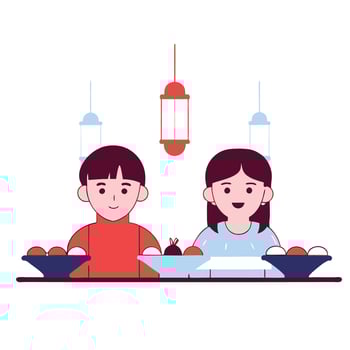 Two children share a meal under decorative lights vector
