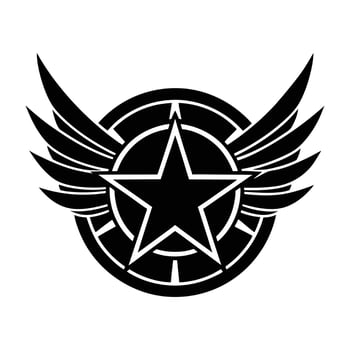 A black and white emblem featuring a winged shield and star icon vector