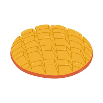Lovely juicy ripe mango cut in grid pattern. Childish cartoon slice of tropical fruit for tasteful healthy dessert isolated on white background. Summertime food clipart for greeting card, design. vector