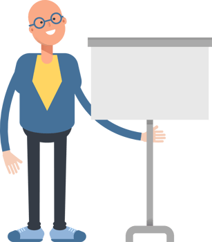 Blue Suit Bald Man Character Presenting Whiteboard png