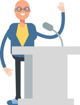 Blue Suit Bald Man Character Speaking on Podium png