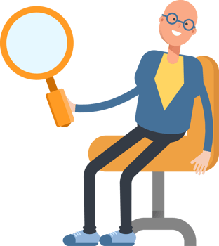 Bald Man Character Sitting and Holding Magnifier Illustration png