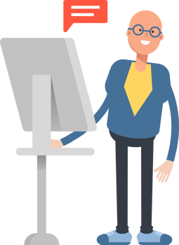 Blue Suit Bald Man Character Working on Computer png