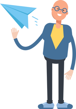 Blue Suit Bald Man Character Holding Paper Plane png