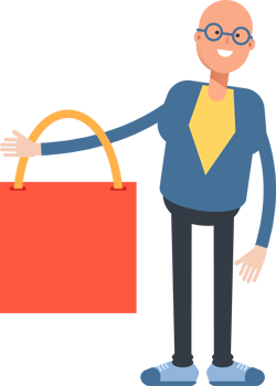 Blue Suit Bald Man Character Holding Shopping Bag png