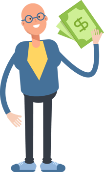Blue Suit Bald Man Character Holding Dollar Banknotes png