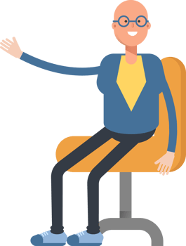 Blue Suit Bald Man Character Sitting on Office Chair png