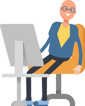 Blue Suit Bald Man Character Working on Desktop png