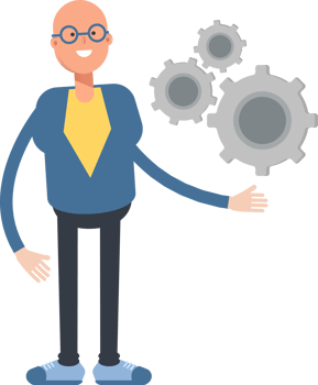 Blue Suit Bald Man Character Holding Gears png