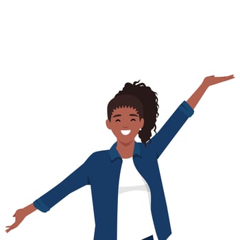 Cheerful woman with a big smile raises her arms in excitement, radiating positivity and happiness. vector