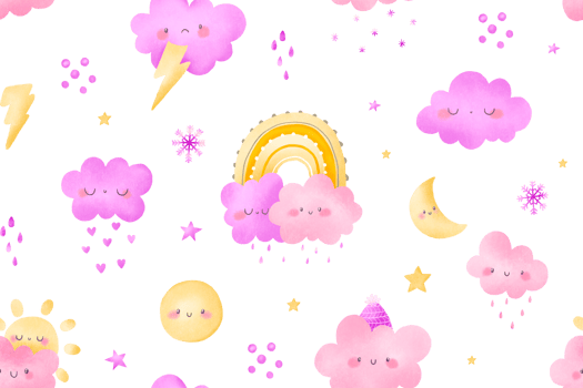 Seamless pattern pink clouds with ranbow sun moon lighting snow. Weather background for kids room bedroom png