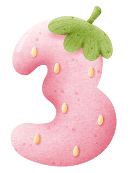 Cute strawberry cartoon font number 3, watercolor strawberry cartoon number three for kids, worksheet, template png