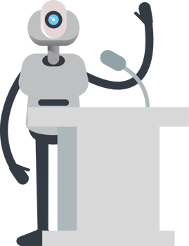 White Humanoid Robot Character Speaking on Podium png