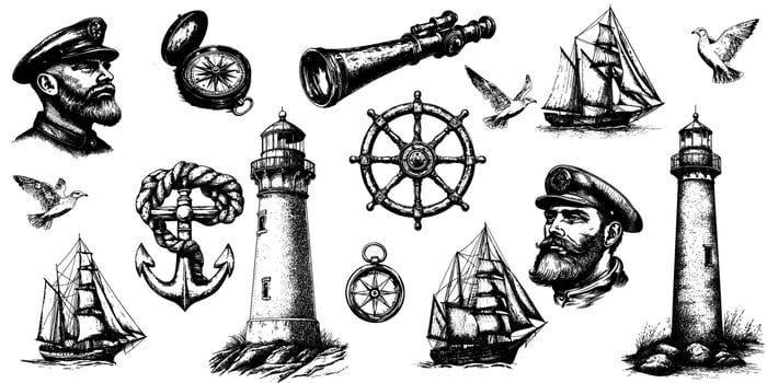 Detailed nautical sketches with sailors, ships, compass, and lighthouse illustrations, vintage style vector