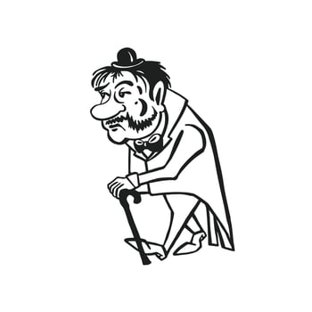 Retro man slouching with cane, line monochrome vector