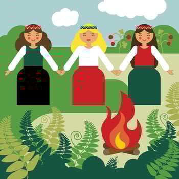 Midsummer dancing girls in green field, summer solstice day, ligo - latvian national summer event, girls in traditional costumes in nature vector