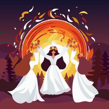 Summer solstice, Ligo holiday, Midsummer. Girls in dress dancing with flowers, sunset. Three young women in white dresses are dancing around a fire vector