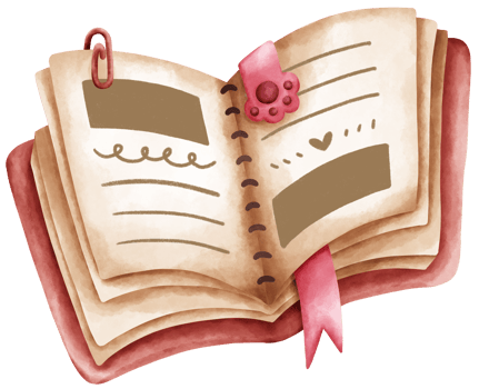 A isolated watercolor style diary bullet journal notebook with a paperclip and cat paw book mark in transparent background png