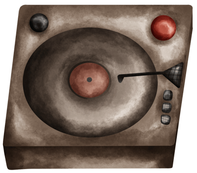 A Isolated watercolor style of old school turntable music record with vinyl in transparent background png