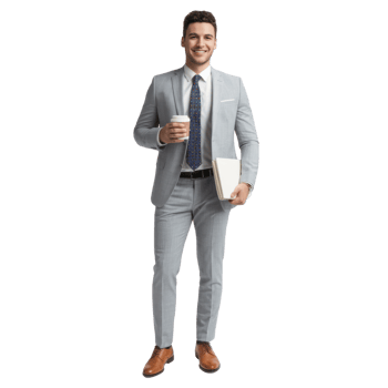 Confident man in suit holding coffee and book isolated on transparent background png