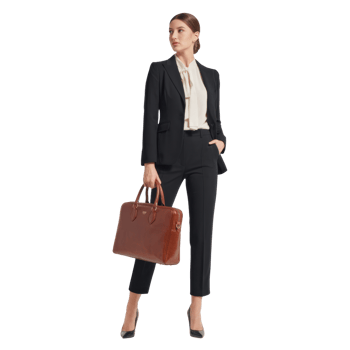 Stylish businesswoman in a black suit, blouse, and heels, carrying a sleek brown briefcase isolated on transparent background png