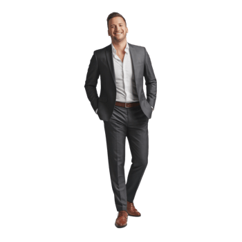 Confident businessman in stylish suit with hands in pockets, full length shot isolated on transparent background png