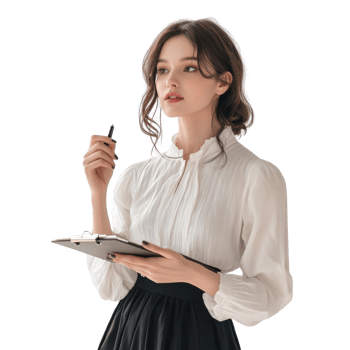 Businesswoman in White Blouse and Black Skirt Holding Clipboard, Engaged in Conversation, Isolated on Transparent Background png
