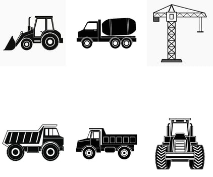 Sideview Construction Vehicles Road Roller, Bulldozer, and More vector