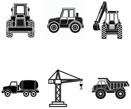 Industrial Equipment Silhouettes Tractors, Cranes, and Excavators vector