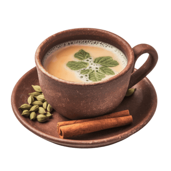 Warm beverage featuring a spiced drink with herbs, cinnamon sticks, and cardamom pods in a brown ceramic mug isolated on transparent background png