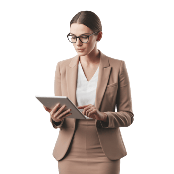 Focused professional woman working on a tablet. She is wearing a beige suit and glasses isolated on transparent background png