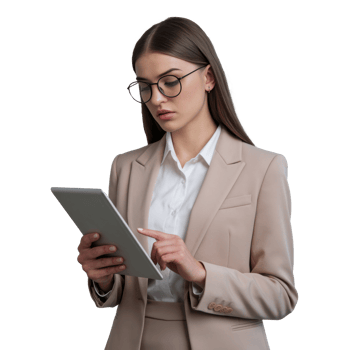 Professional woman in a suit, focused on using a tablet for work or research isolated on transparent background png