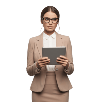 Professional woman in business attire holding tablet, radiating confidence isolated on transparent background png