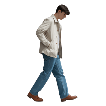 A young man walking outdoors. He has brown hair and is wearing a casual outfit, including jeans, a jacket isolated on transparent background png