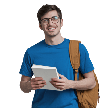 Smiling young student with glasses, backpack, holding a book isolated on transparent background png