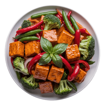 A vibrant dish of tofu cubes nestled amongst broccoli, peppers, and pea pods, presented on a stark white plate isolated on transparent background png