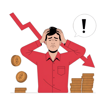 A man feeling financial pressure as money declines and economic challenges rise, indicated by downward arrows isolated on transparent background png